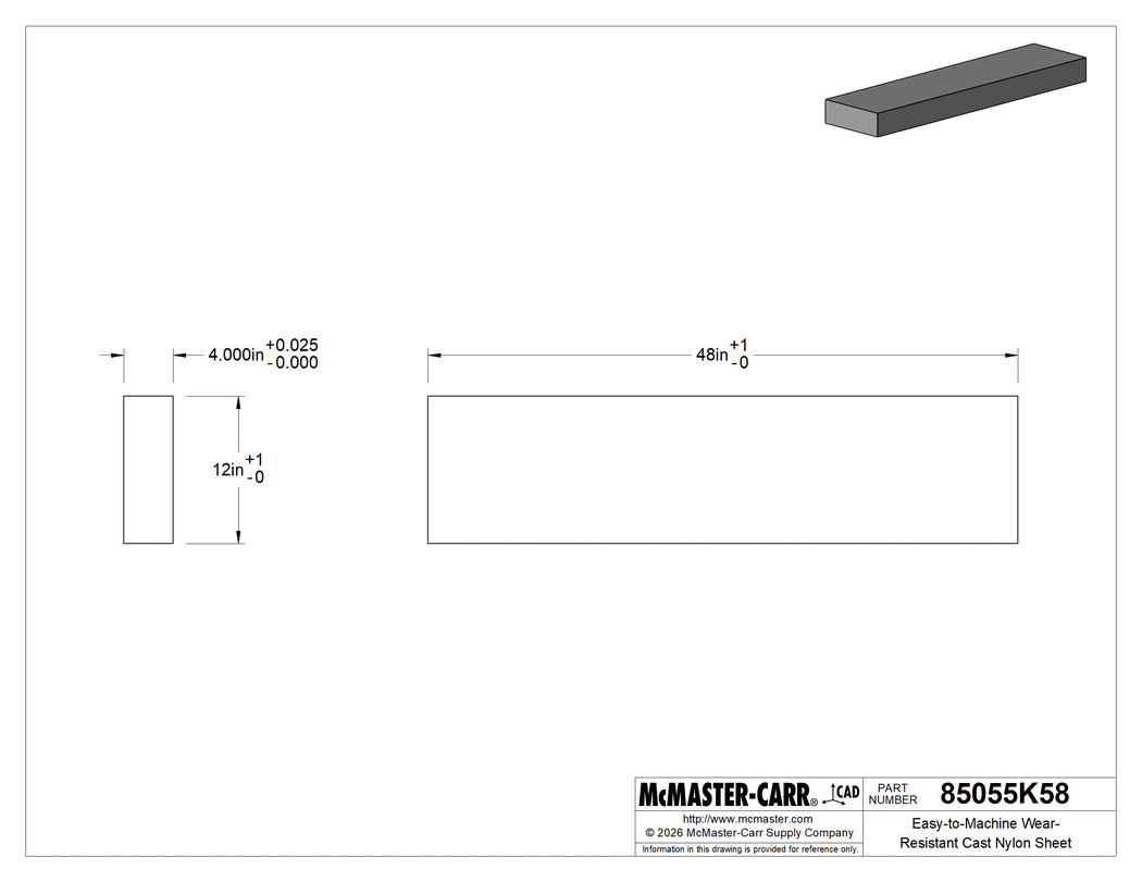 Technical Drawing of Easy-to-Machine Wear-Resistant Cast Nylon Sheet, 12" x 48" x 4".